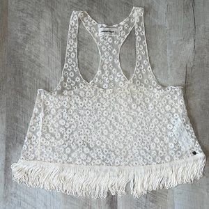 Sheer White Floral Tank with Fringe